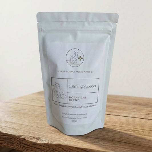 A white stand-up pouch of Pet Nutrition Calming Support Botanical Blend pet supplement, displayed on a rustic wooden surface against a neutral light background.