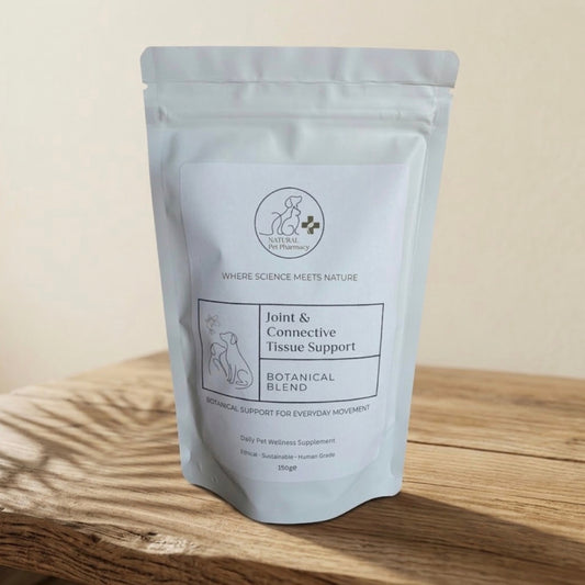 A white stand up pouch for Joint & Connective Tissue Support Botanical Blend for dogs. 